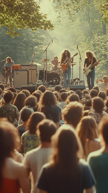 Photo 1970s outdoor concert with a band performing on stage