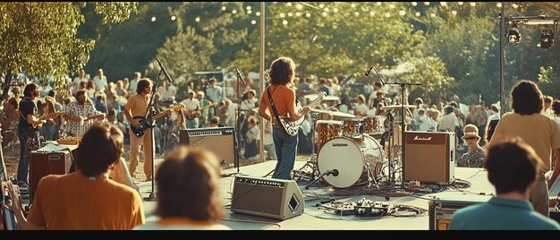 Photo 1970s outdoor concert with a band performing on stage