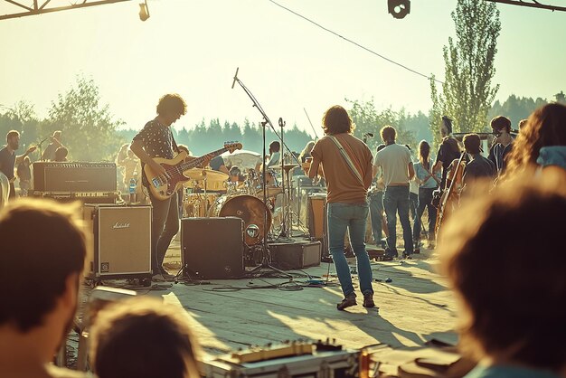 Photo 1970s outdoor concert with a band performing on stage