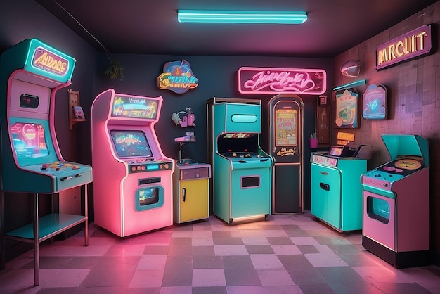 1980s arcade kitchen with pastel neon appliances arcade game decorations and vintage arcade signage