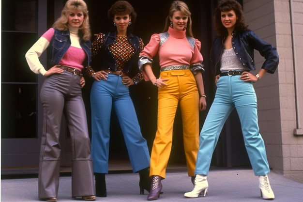 Photo 1980s high gloss fashion 80er jahre retro 1980s stylish neon farben popular street fashion 8039s colorful clothes with big hair teenagers dressed era of disco music generative ai