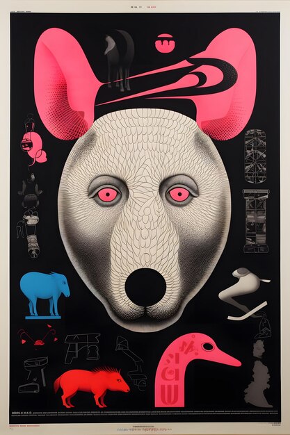 1983 minimalist surrealist movie poster by barry mcgee vaporwave animals black background