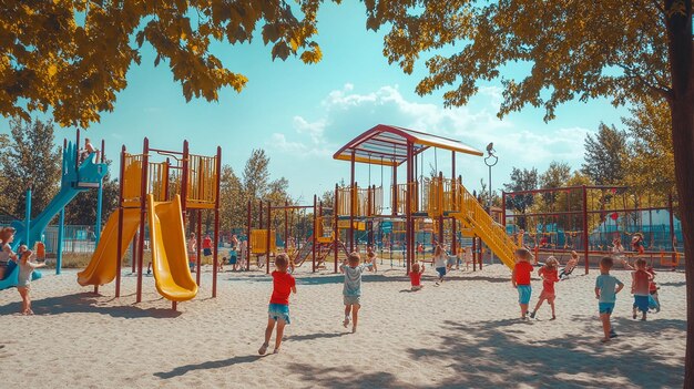 1990s Playground with Children Playing on Swings and a Slide