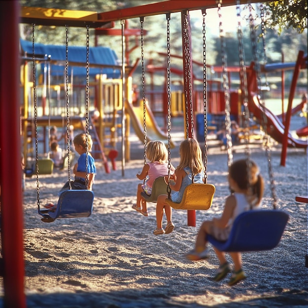 1990s Playground with Children Playing on Swings and a Slide