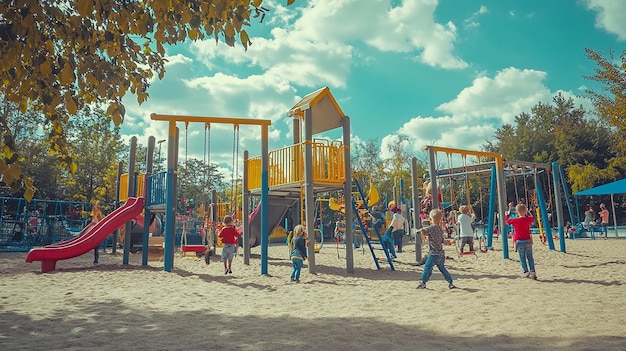 1990s Playground with Children Playing on Swings and a Slide