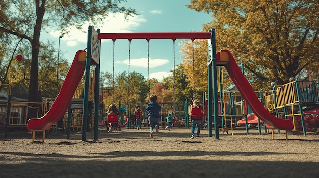 1990s Playground with Children Playing on Swings and a Slide