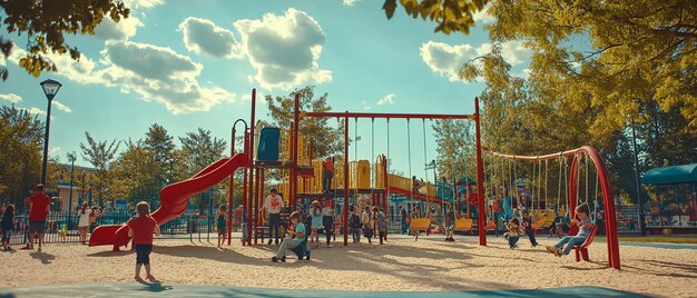 1990s Playground with Children Playing on Swings and a Slide