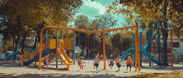 1990s Playground with Children Playing on Swings and a Slide