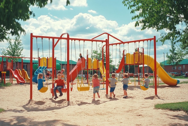 1990s Playground with Children Playing on Swings and a Slide