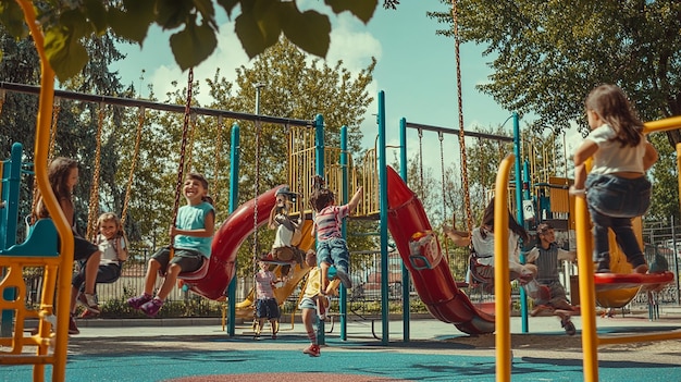 1990s Playground with Children Playing on Swings and a Slide