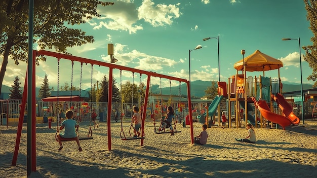 1990s Playground with Children Playing on Swings and a Slide