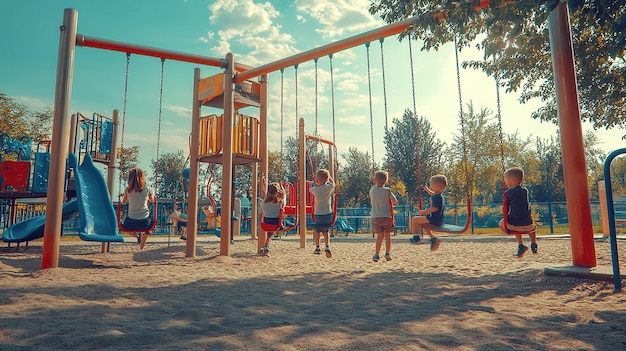 1990s Playground with Children Playing on Swings and a Slide