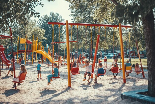 1990s Playground with Children Playing on Swings and a Slide