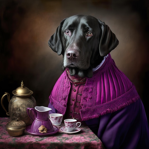 19th century aristocrat portrait of an anthropomorphic black labrador in magenta clothes.