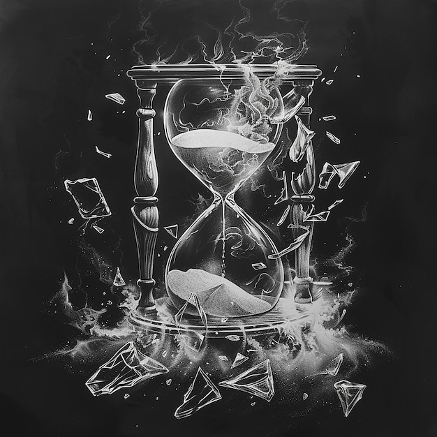 Photo 1d realistic high contrast drawing of an hourglass behind smoke with sand spilling out the bottom wi