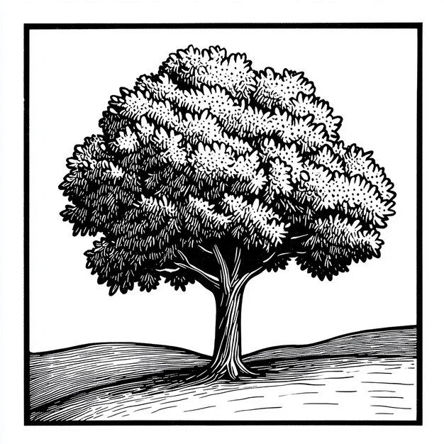 Photo 1h vintage woodcut of simple tree inside a frame woodcut style only lines colouring book simple