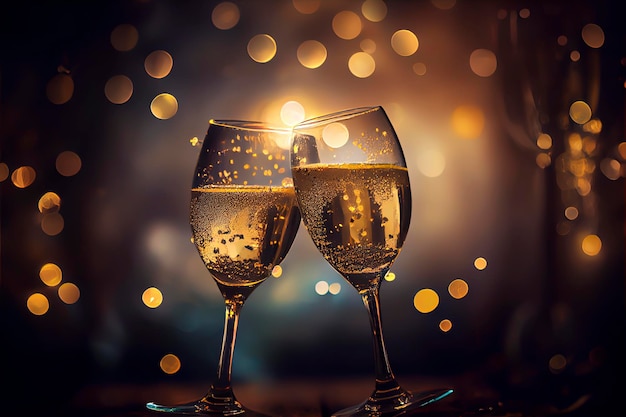 2 champagne glasses with a blurred golden bokeh lights in background