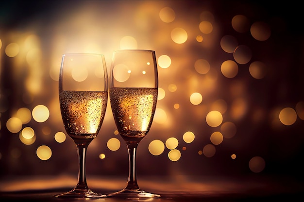 2 champagne glasses with a blurred golden bokeh lights in background