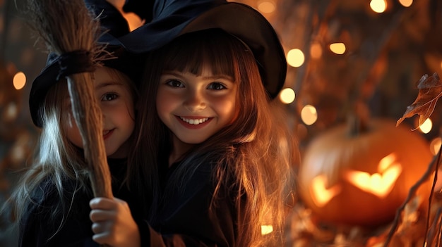 Photo 2 child in a witch costume holding a broomstick smiling