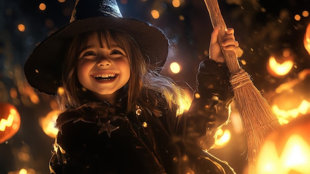 Photo 2 child in a witch costume holding a broomstick smiling