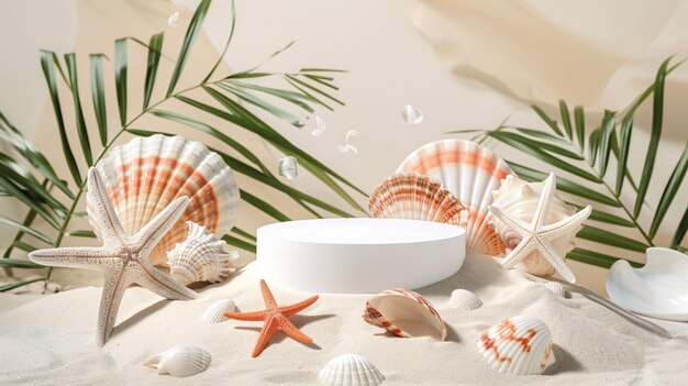 2 A creative display scene with a central empty podium flanked by tropical palm leaves various sea shells and starfish set on a clean white beach sand background perfect for showcasing