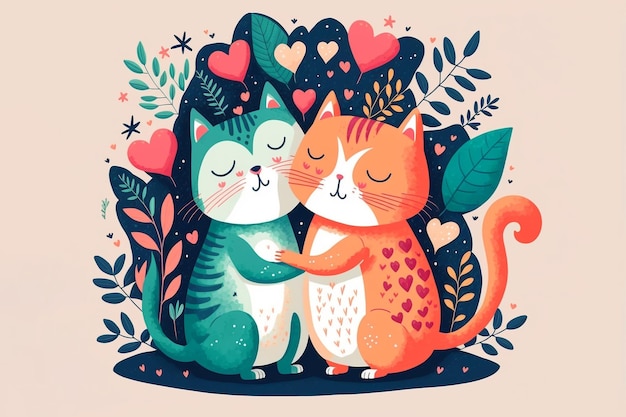 2 cute cats are cuddle and hug illustration