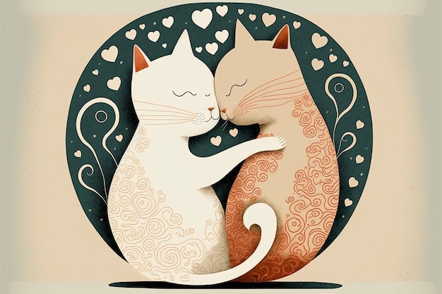 2 cute cats are cuddle and hug illustration