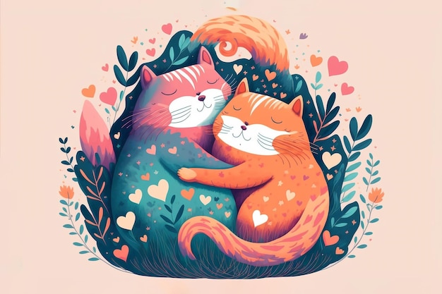 2 cute cats are cuddle and hug illustration