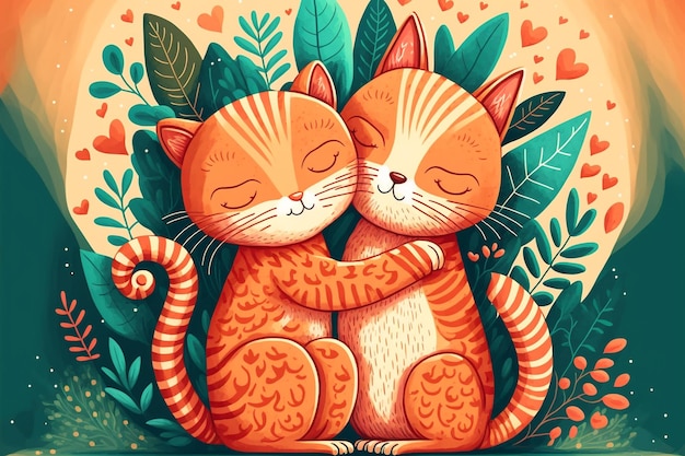 2 cute cats are cuddle and hug illustration