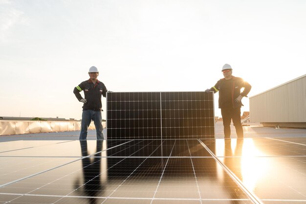 2 engineers install solar and maintain solar power plant Engineer team to inspect and maintain solar power plants solar power plant