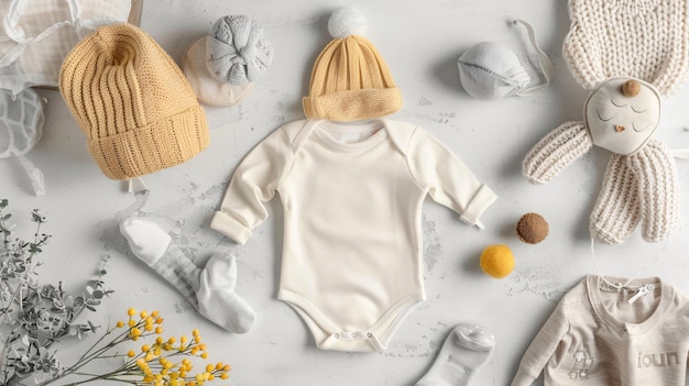 Photo 2 highdetail apparel flatlay of a baby romper mockup placed on a clean textured surface accompanied by stylish baby items like hats socks and a plush toy all in coordinating colors for a