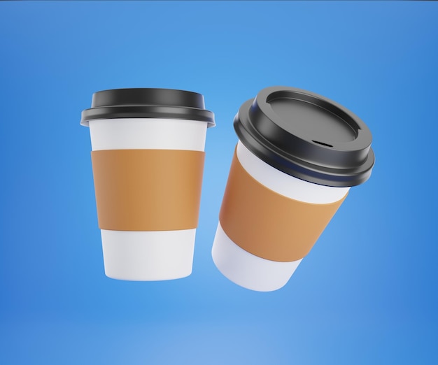 2 hot coffee mugs floating on black lids blue background 3d rendering.