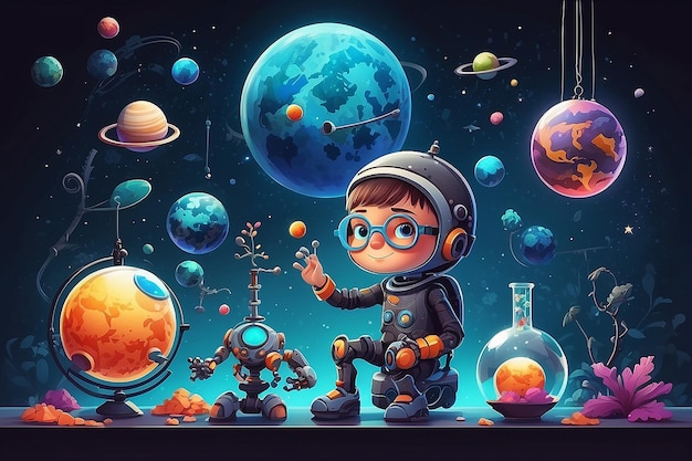 2 kid wearing goggle molecule Robot science toys dinasour bones planets hanging lab background dark