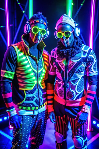 Photo 2 sexy cyber glow raver men filmed in fluorescent clothing under uv black light