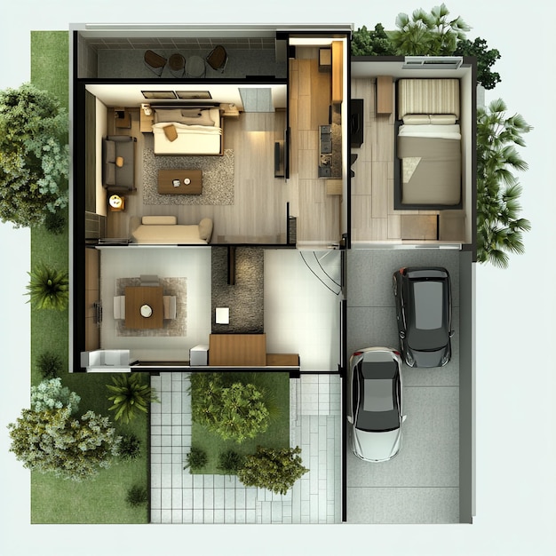 2 stories minimal house with the first floor 1 dining room 1 open kitchen and living room