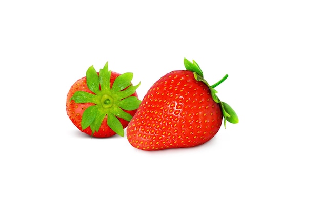 2 strawberries side view on white background