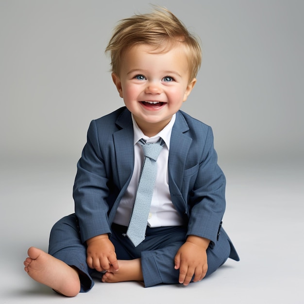 a 2 year old boy wearing blue suit sitting on the ground happy smiling white back ground