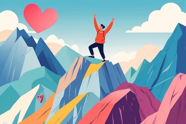 20 Illustrate a person climbing a mountain of selflove challengesVector illustration in flat style