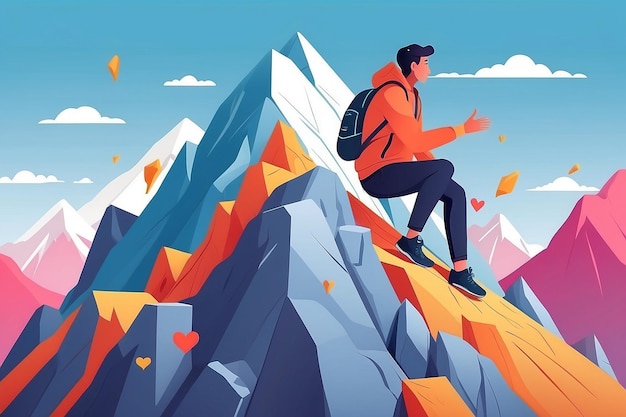 20 Illustrate a person climbing a mountain of selflove challengesVector illustration in flat style