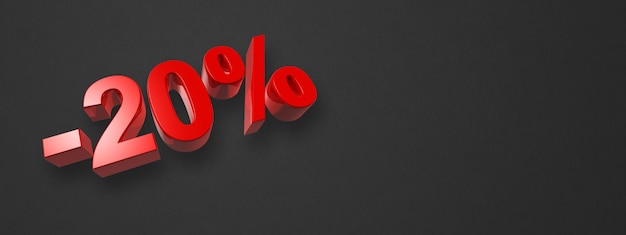 20 off discount offer 3D illustration isolated on black Horizontal banner