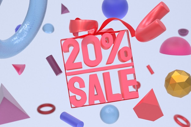 20% sale with bow and ribbon 3d design on abstract geometry background