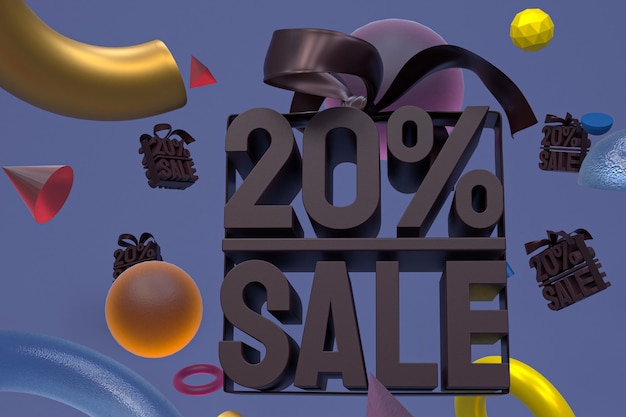 20% sale with bow and ribbon 3d design on abstract geometry background