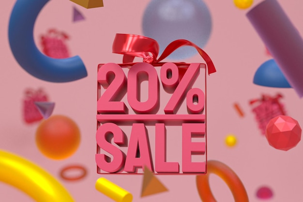 20% sale with bow and ribbon 3d design on abstract geometry background