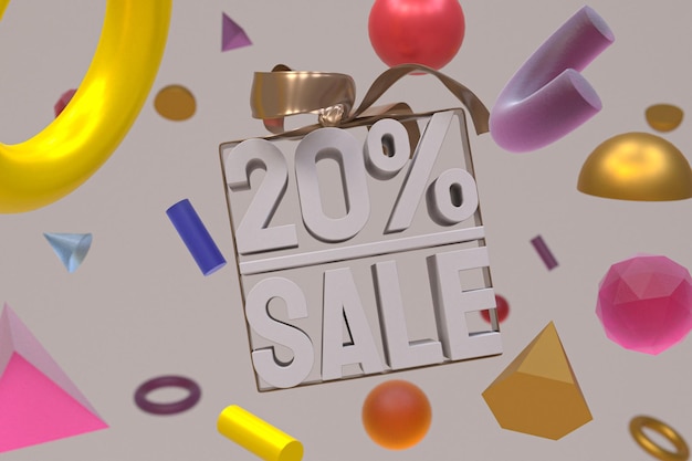 20% sale with bow and ribbon 3d design on abstract geometry background