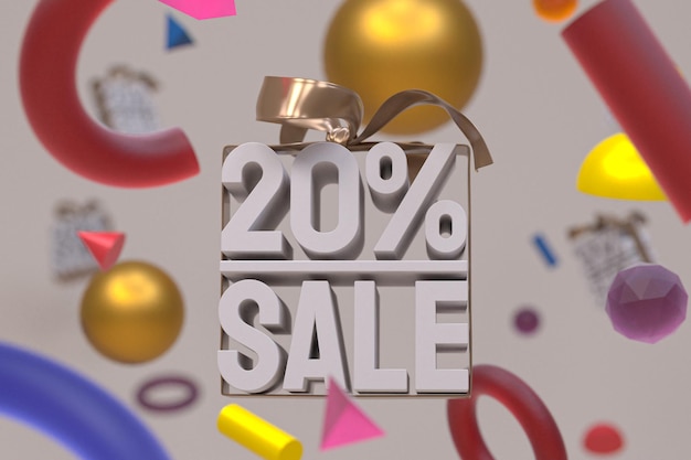 20% sale with bow and ribbon 3d design on abstract geometry background