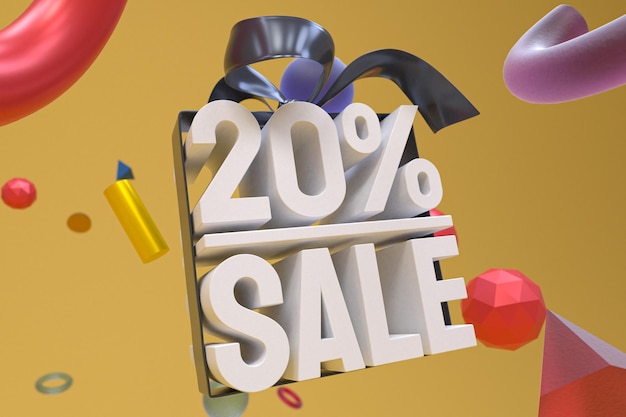 20% sale with bow and ribbon 3d design on abstract geometry background