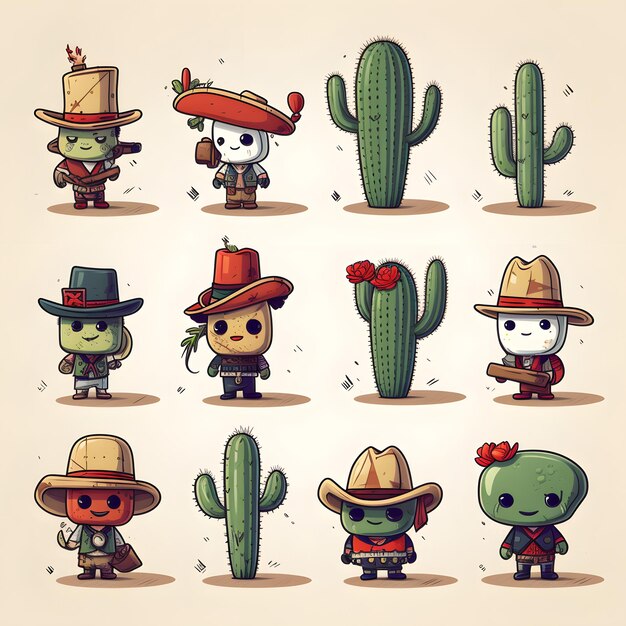 Photo 20 standalone illustrations of cute cactuses with sombrero bandana and gun comic style