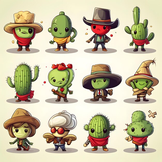 Photo 20 standalone illustrations of cute cactuses with sombrero bandana and gun comic style