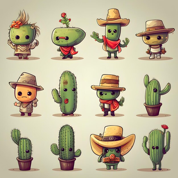 Photo 20 standalone illustrations of cute cactuses with sombrero bandana and gun comic style