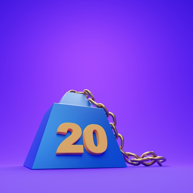 20 ton weight with golden chain on purple background 3D render illustration Discount twenty percent concept